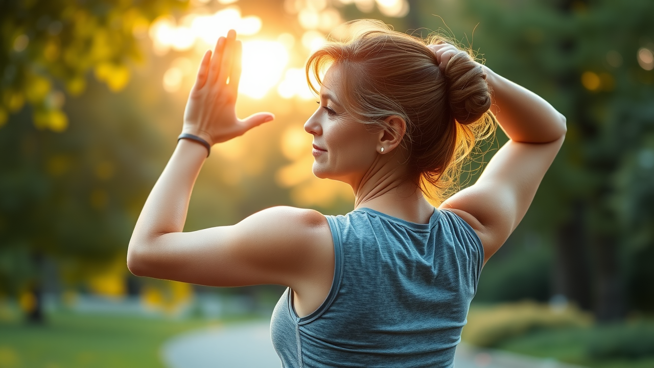 Healthy woman stretches in sunlight, representing benefits of hormone balancing.
