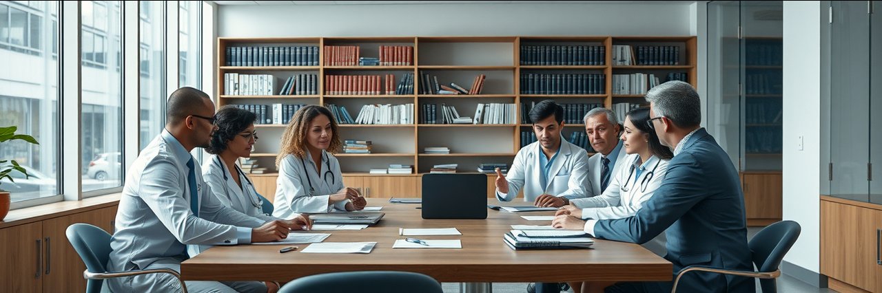 Medical-legal services team in modern office collaborating on casework.