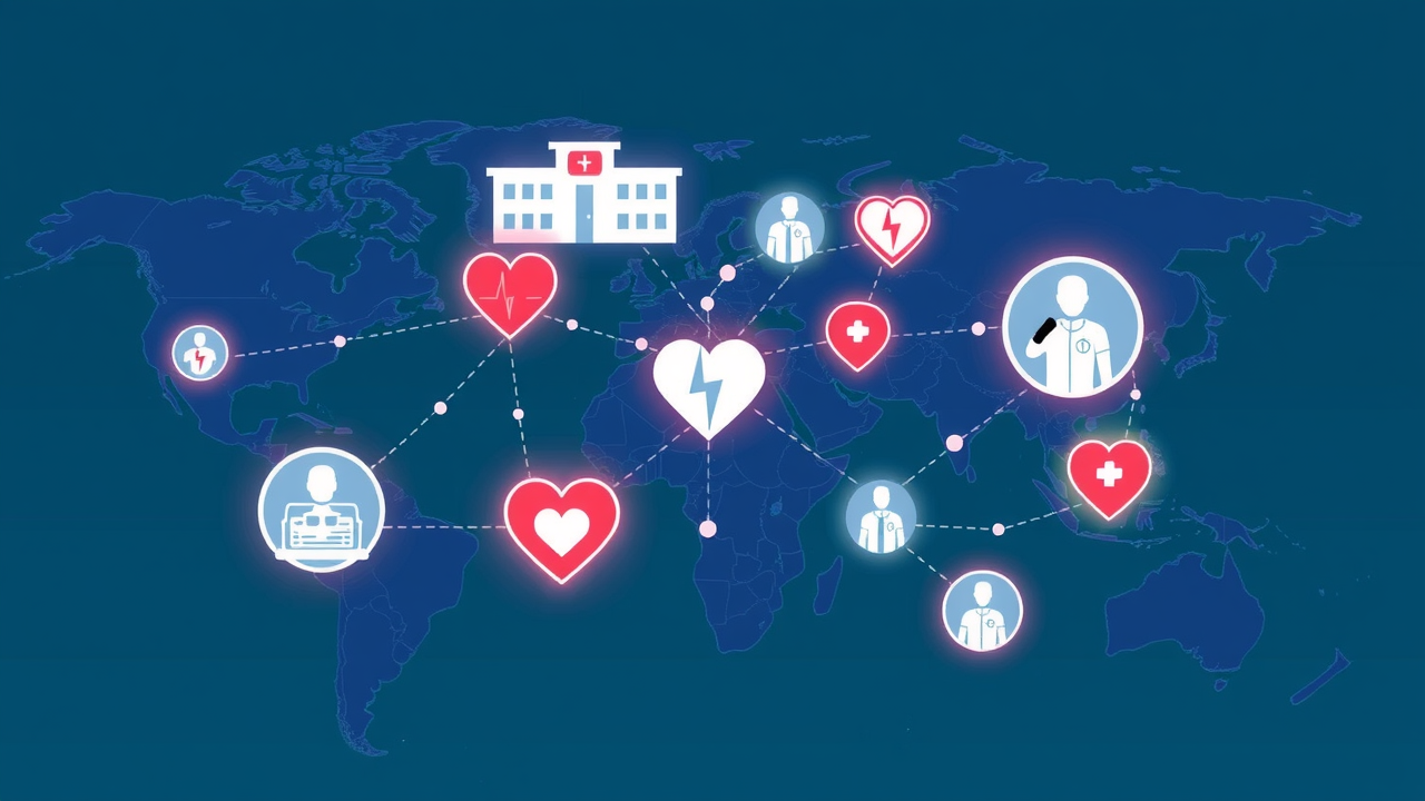 Global health care concept illustration showing connected medical icons (hospitals, patients, AI, wearables) across a world map.