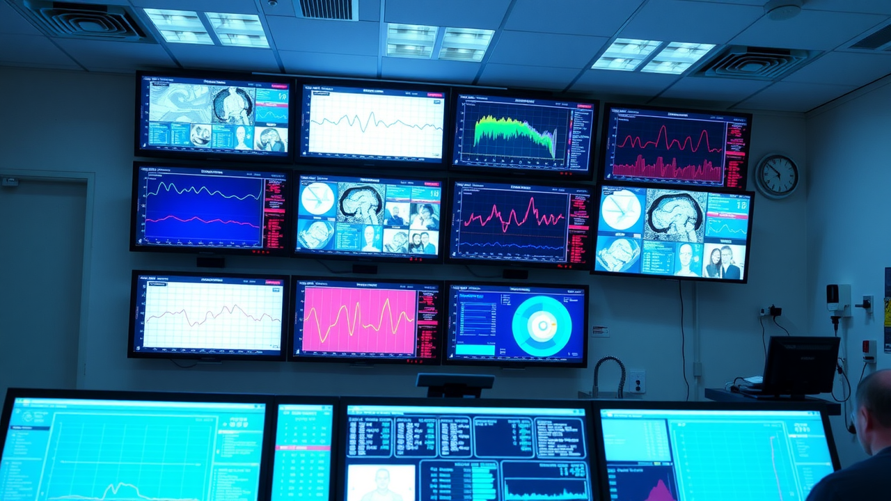A hospital command center with large digital screens monitoring multiple patients’ chronic conditions in real time.