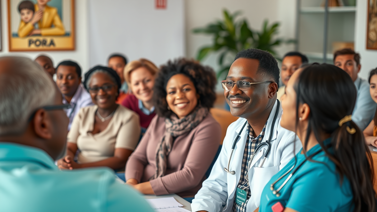 A diverse group of patients (different ages and ethnicities) attending a community health workshop focused on chronic disease awareness.